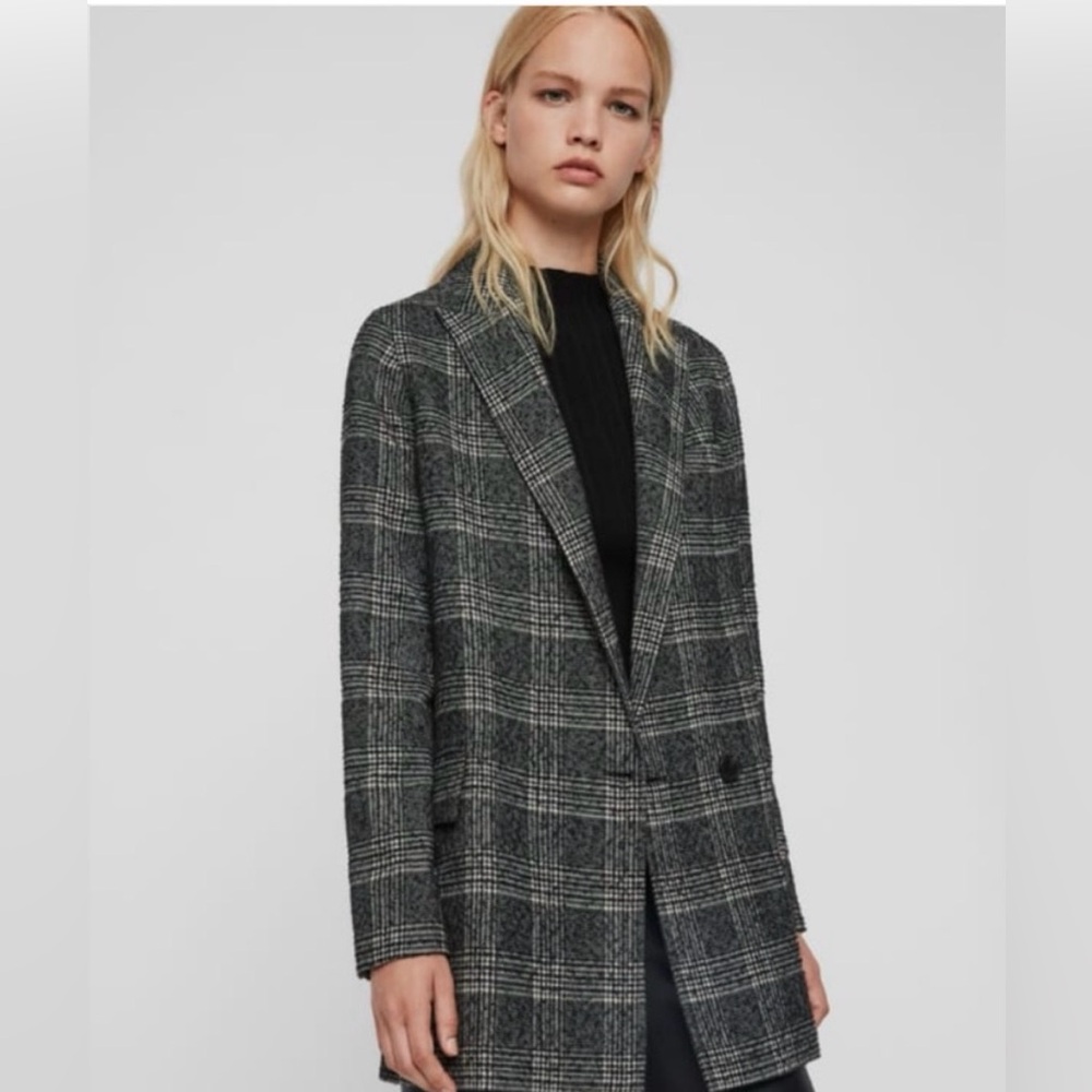 All Saints Lucia Blazer Black & White Checked Plaid Wool Blend Oversized Size 6